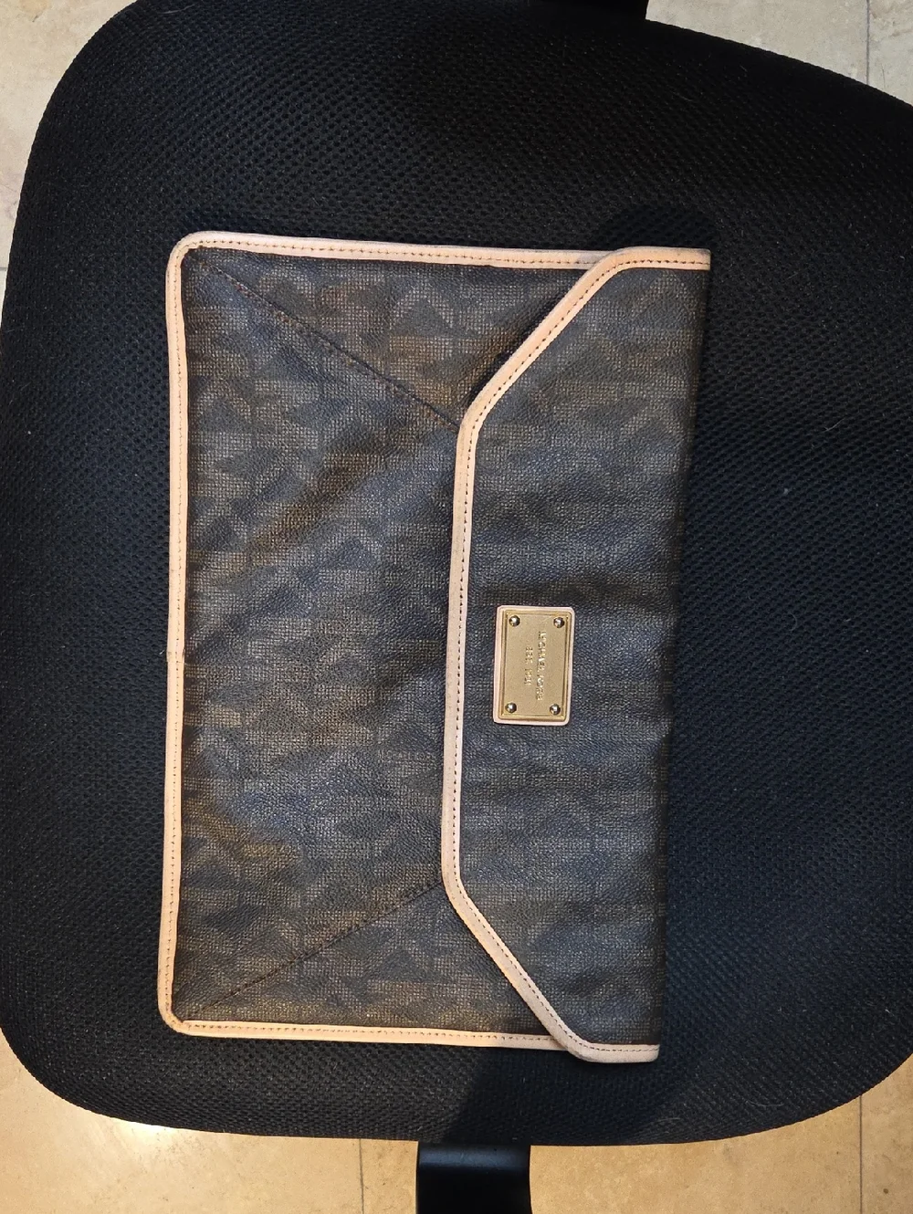 Michael Kors Brown Monogram Envelope Clutch with Pink Trim